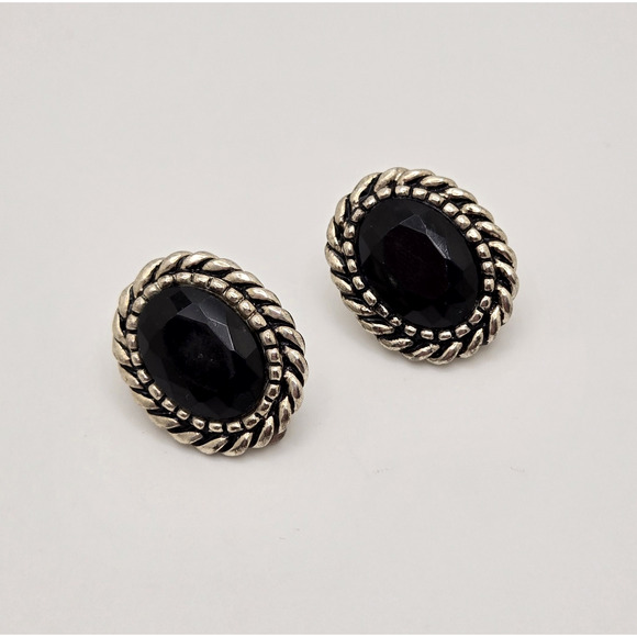 Vintage Earrings Black Oval Lucite Stone Chunky Silvertone Clip On Retro Classic - Picture 10 of 12